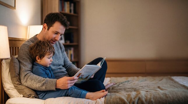Father reading bedtime story to son on cozy bed at home parenting and family bond child learning books before sleep warm indoor atmosphere with bookshelf background fatherhood love