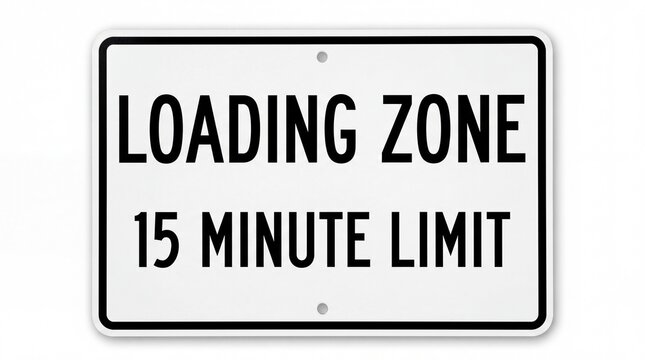 Loading zone 15 minute limit parking sign with black text on white metal plaque