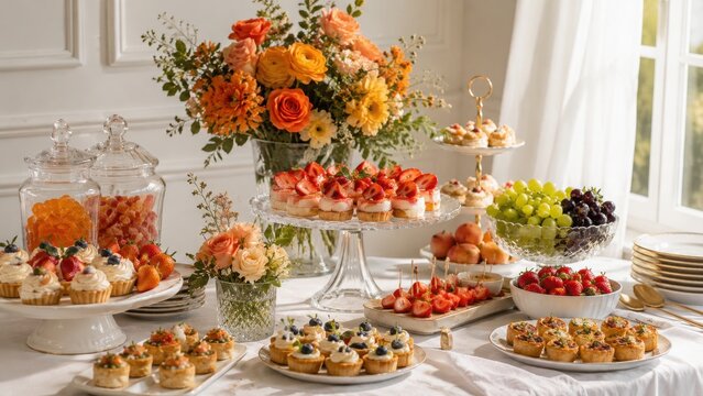 Elegant dessert table setup with fresh fruit and floral arrangement