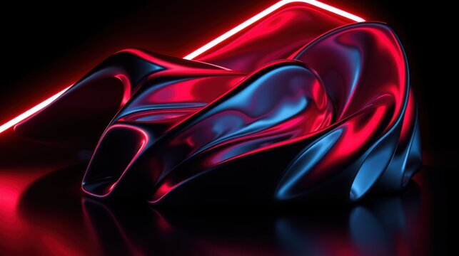 Sleek futuristic vehicle design. Dramatic lighting highlights curves, creating intense visual impact. Red, blue tones dominate composition.