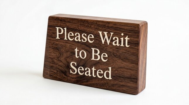 Freestanding walnut wood please wait to be seated sign for restaurant entryway