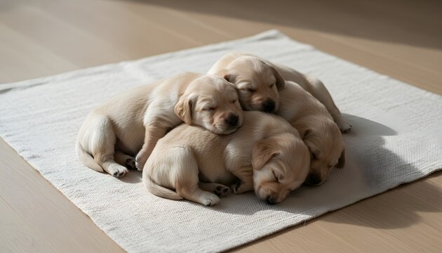 Adorable golden retriever puppy pile sleeping together on a soft rug for a comfort animals concept, featuring young domestic pets resting in warm indoor sunlight