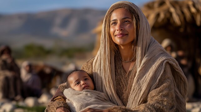 After years of sorrow and loss, Naomi holds the infant Obed outside her Bethlehem home, surrounded by peaceful village life and renewed hope.
