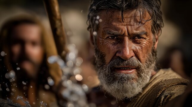 Weary and burdened in the desert, Moses strikes the rock in frustration as water bursts forth and the desperate people rush forward in sudden relief.

