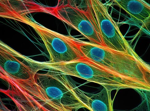Colorful cellular structures with blue nuclei and interconnected fibrous networks