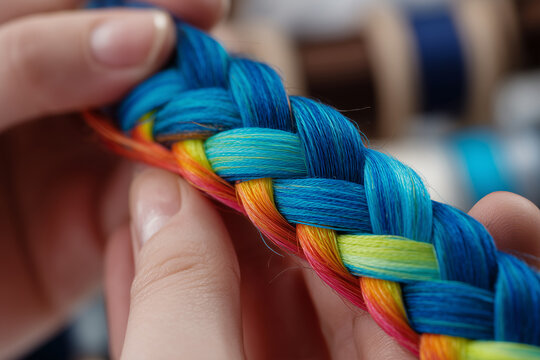 Weaving colorful threads into tight braids during a craft session in a well-lit room filled with various spools of thread