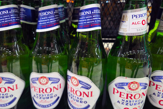 Wroclaw, Poland, April 29, 2026: Peroni Nastro Azzurro Beer Bottles Displayed in Retail Store Setting for Beverage Marketing
