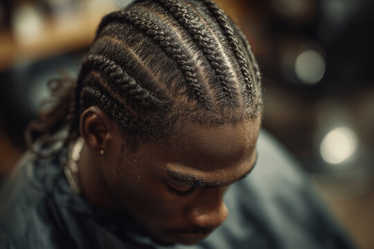 Boy with clean straight cornrows sitting in a barber shop while getting his hair styled, focused and enjoying the process of hair grooming