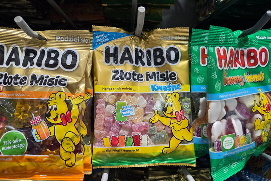 Wroclaw, Poland, April 10, 2026: Colorful Haribo Candy Display at Polish Grocery Store Featuring Gummy Bears