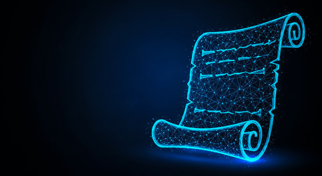 A futuristic, illuminated digital scroll icon with glowing lines and a modern design on a dark blue backdrop.