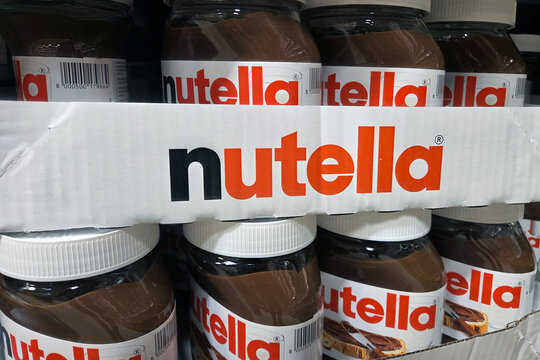 Wroclaw, Poland, April 8, 2026: Nutella Jars Stacked on Store Shelf for Retail Display and Branding