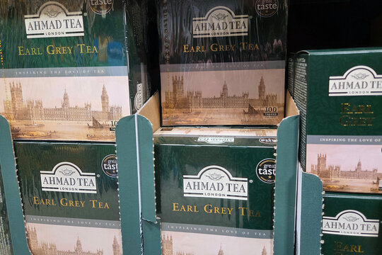 Wroclaw, Poland, April 8, 2026: Earl Grey Tea Packaging Display at Retail Store - Ahmad Tea London Collection