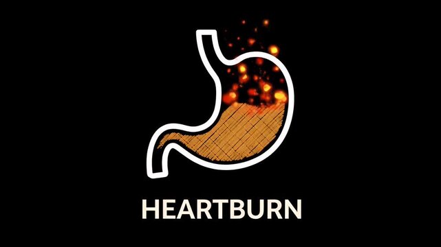 Heartburn stomach acid medical illustration with burning fire and a black background