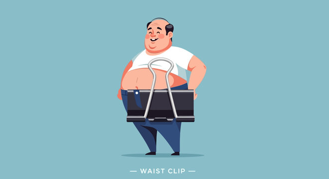Humorous Overweight Man with Binder Clip on Waist