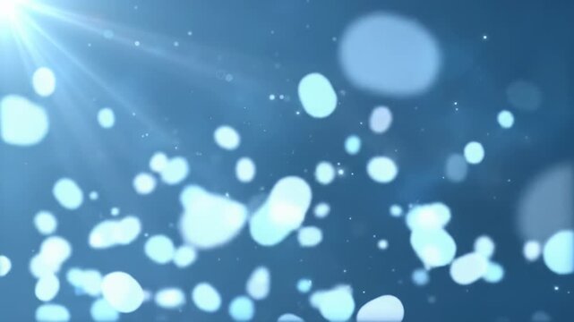 Ethereal blue and white gradient background with volumetric lighting, slow zoom-out reveals luminous, amorphous data particles gently floating upwards with bloom and bokeh effect, conveying seamless