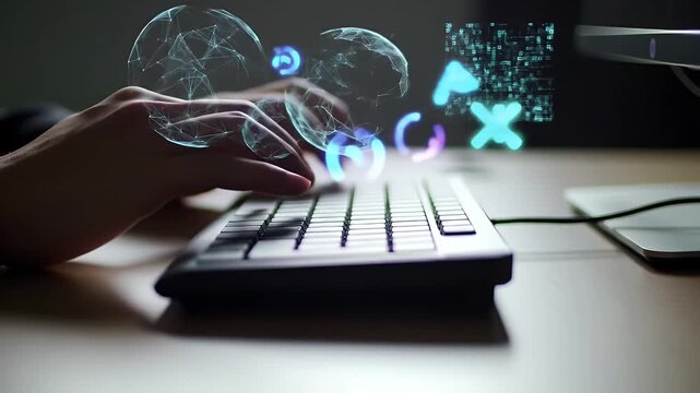 Hand typing on computer keyboard with glowing symbols.