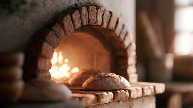 Brick oven with a fire burning inside. the oven is made of red bricks and has a small opening in the center.