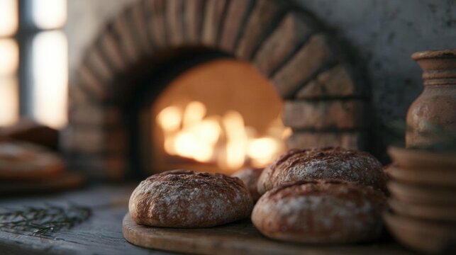Close-up of a brick oven with a fire burning inside. the oven is made of stone and has a brick wall with a window on the left side.