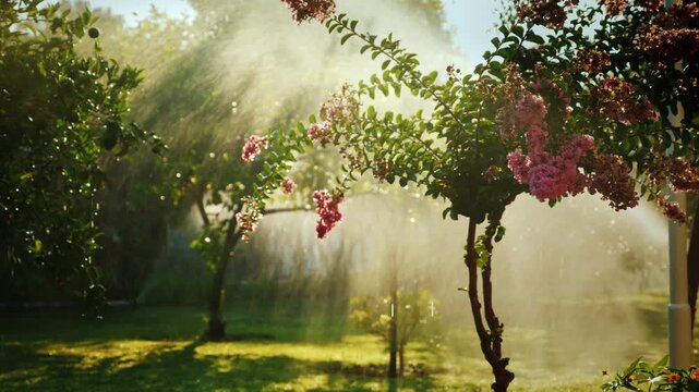 A beautiful cinematic shot of a blooming garden with vibrant pink flowers and lush green foliage under automatic irrigation system on a sunny morning, sun rays reflecting in water drops