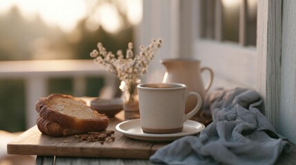 Obraz premium Wooden table with a white mug and a slice of bread on it. the mug is filled with a dark liquid, possibly coffee, and is placed on a saucer. next to the mug, there is a small vase with dried flowers.