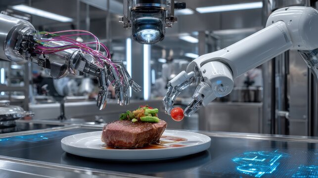 Robotic arms meticulously prepare a gourmet meal in a futuristic kitchen (1)