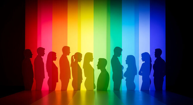 Silhouettes of diverse people against a vibrant rainbow gradient, representing unity, diversity, and inclusivity, symbolizing a bright future and collective spirit