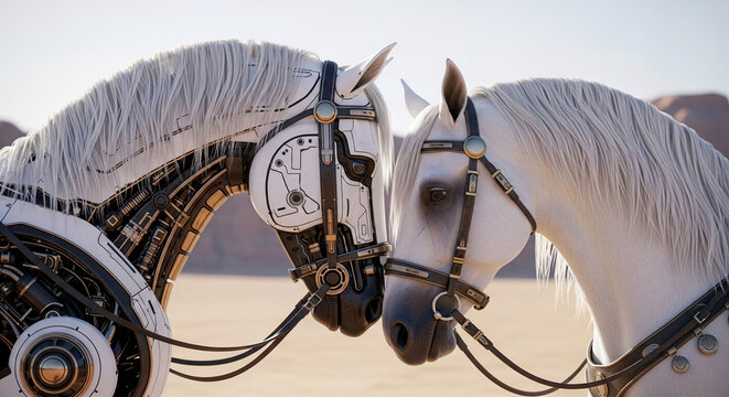 A mechanical horse's head and a living horse's head touch noses in a desert, symbolizing nature and technology's juxtaposition.