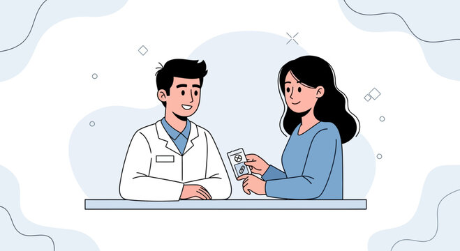 Doctor and Patient at Pharmacy Counter with Medication