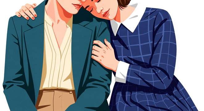 Stylized illustration of two people embracing, conveying support and intimacy, symbolizing connection, comfort, and care.