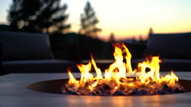 Captivating video transitions from a warm mcu of golden-orange flames in a modern campfire pit with bokeh to a serene wide video of the pit, lounge chairs, rolling hills, and silhouetted trees under