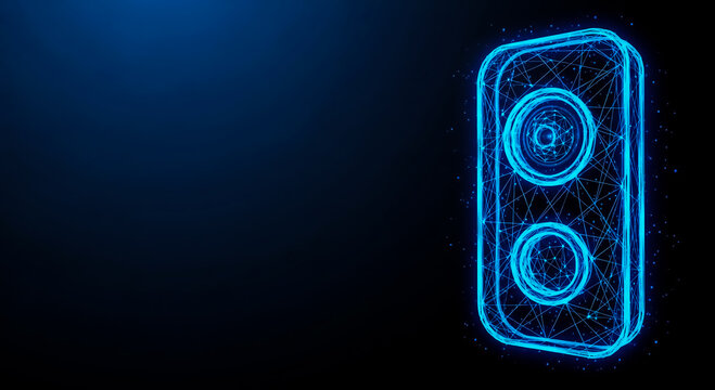 A futuristic, neon-lit speaker grill with circular patterns and glowing edges, set against a deep blue backdrop.