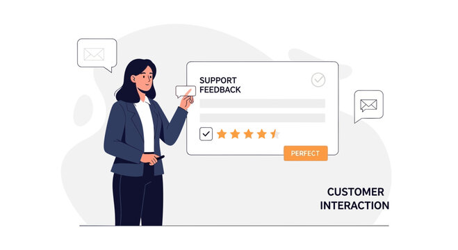 Woman giving customer feedback with ratings and text