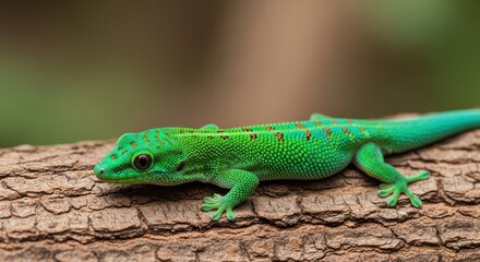 Fototapeta premium A vibrant, small reptile, known for its sticky feet, rests calmly on rough, brown tree bark in a humid, natural forest environment, climbing, bark, tree