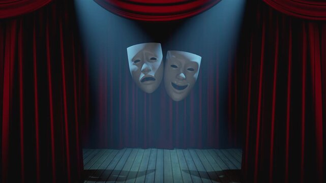 A 3d animation of professional theater stage featuring lush red velvet curtains, a polished wooden floor, and dramatic spotlights creating a perfect atmosphere for concerts and performances