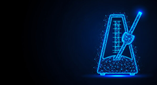 A modern, illuminated metronome with a glowing blue outline and moving arm, set against a dark backdrop. Ideal for musical timing.