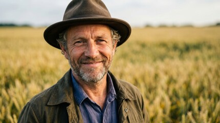 Obraz premium Elderly man in fedora hat standing thoughtfully in golden wheat field. Mature farmer during harvest season. Rural agriculture life and countryside serenity concept.