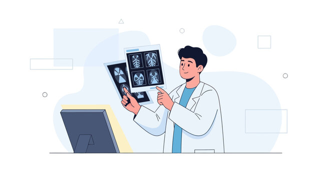 Doctor examining x-rays of spine and chest in clinic setting, medical illustration