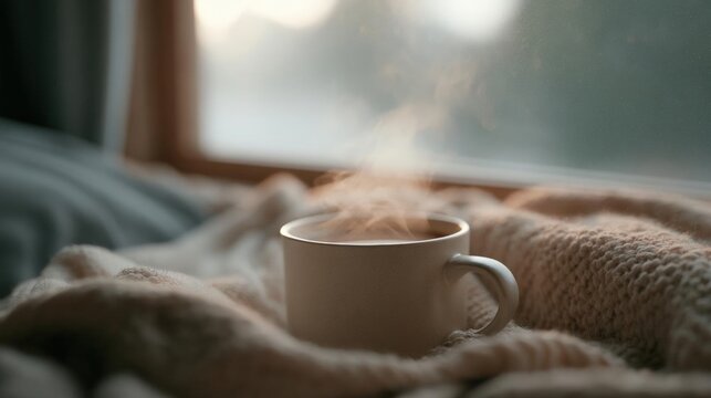 White mug of coffee on a bed with a beige blanket. the mug is filled with a dark liquid, possibly coffee, and there is steam rising from it.