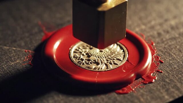 Golden seal stamp pressing into red wax seal on dark textured paper, creating official imprint, symbol of authenticity and approval