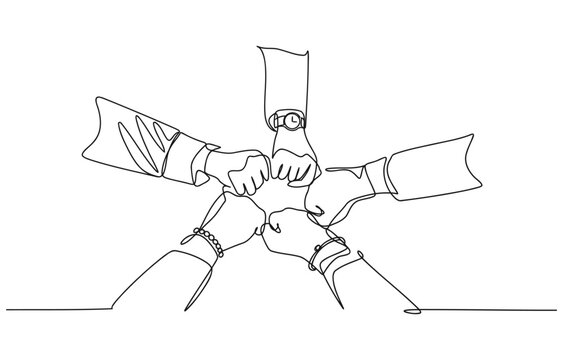 One continuous line drawing group of young male and female business people unite their hands together to form a five star. five hands united success vector illustration