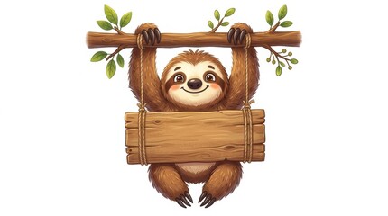 Fototapeta premium Cute sloth hanging with blank wooden sign isolated illustration for children's designs