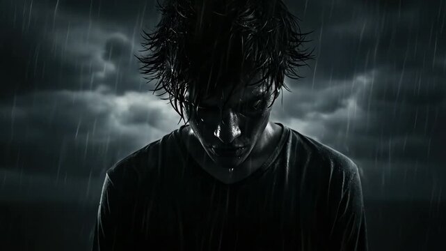 A somber portrait of a young man in a stormy, rainy atmosphere.
