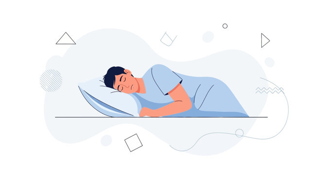 Man sleeping peacefully on pillow, calm repose in abstract shapes background