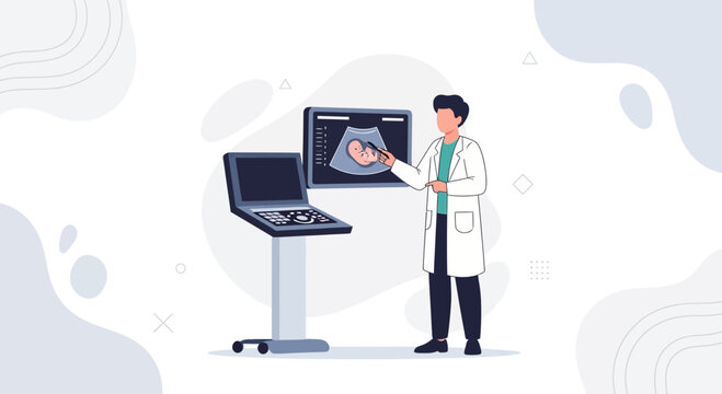 Doctor points to ultrasound scan of baby on screen