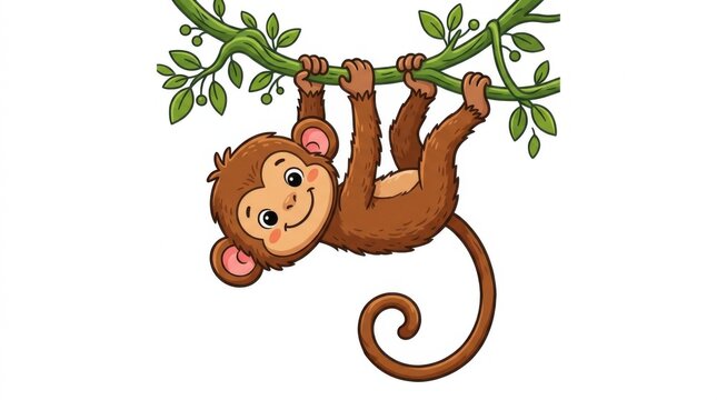 Cartoon monkey hanging from branch isolated vector illustration for children's designs