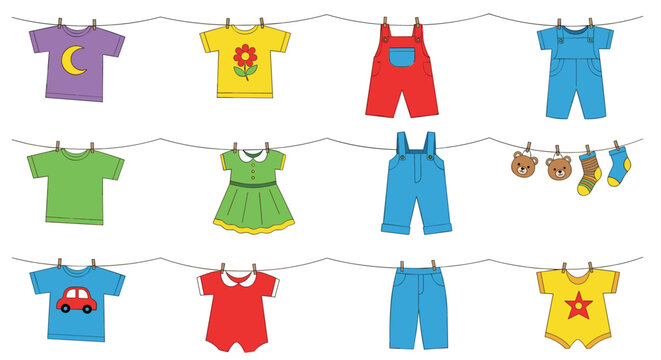 Assorted colorful children and baby clothes hanging on a clothesline with wooden pins for laundry and housework themes.
