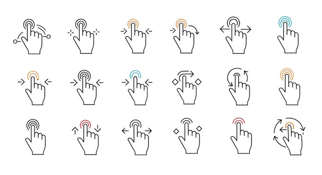 Comprehensive set of touch screen gesture icons including tapping, scrolling, zooming, and swiping for mobile app interface design.