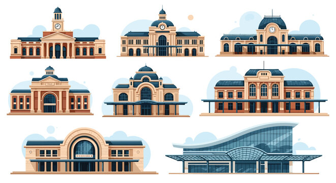 Collection of various architectural styles of train station and transportation terminal buildings for urban planning and travel themes.