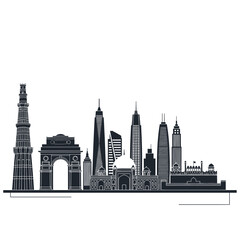 Fototapeta premium New Delhi Skyline Silhouette: India Gate, Qutub Minar, Modern Buildings, Taj Mahal