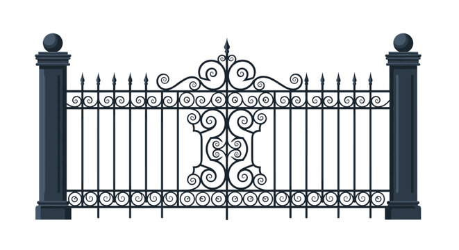 Intricate wrought iron fence or gate featuring classical decorative scrolls and sturdy pillars on both sides.